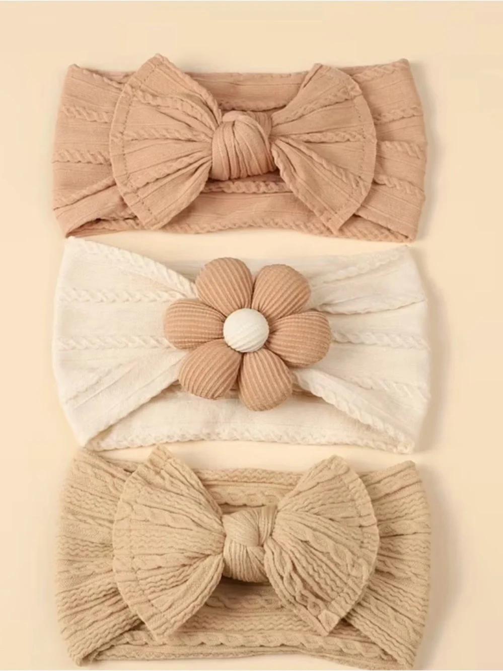 Neutral Ribbed Knit Headband Set with Flower Accent - Kids Accessories
